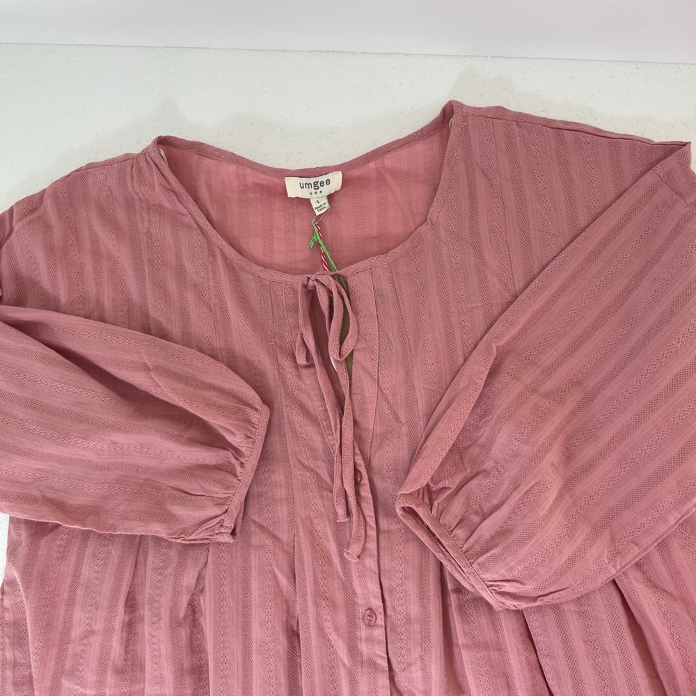 UMGEE USA Womens L Pink Textured Tie Neck Button Down 3/4 Sleeve Tunic Top Boho‎